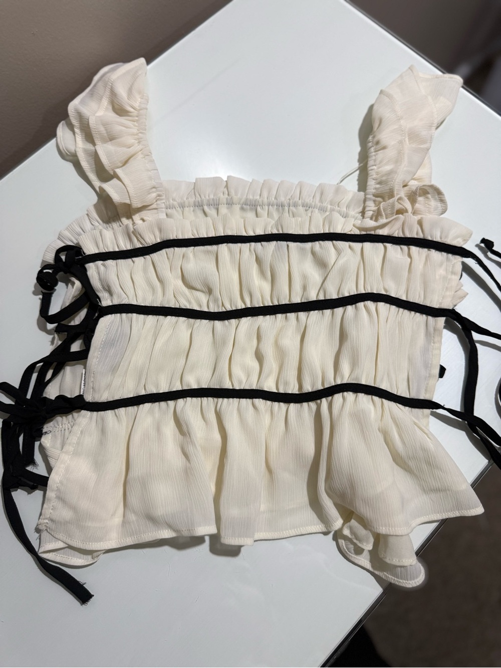 Papermoon Cream Ruffle Tank with Black Tie Straps